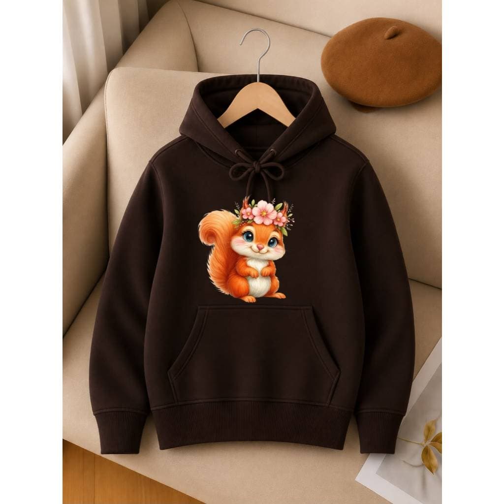 Casaco de Moletom Infantil Canguru Flanelado com Capuz Bolso Frontal Estampa Esquilo Fofa Quentinho Unissex