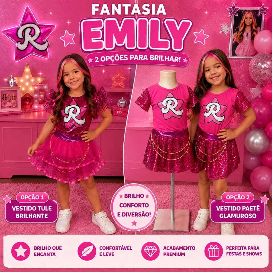 Fantasia Emily Vick Infantil Com Cabelo Rosa Brilhante Vestido Festa Aniversário Show Cosplay Menina Saia