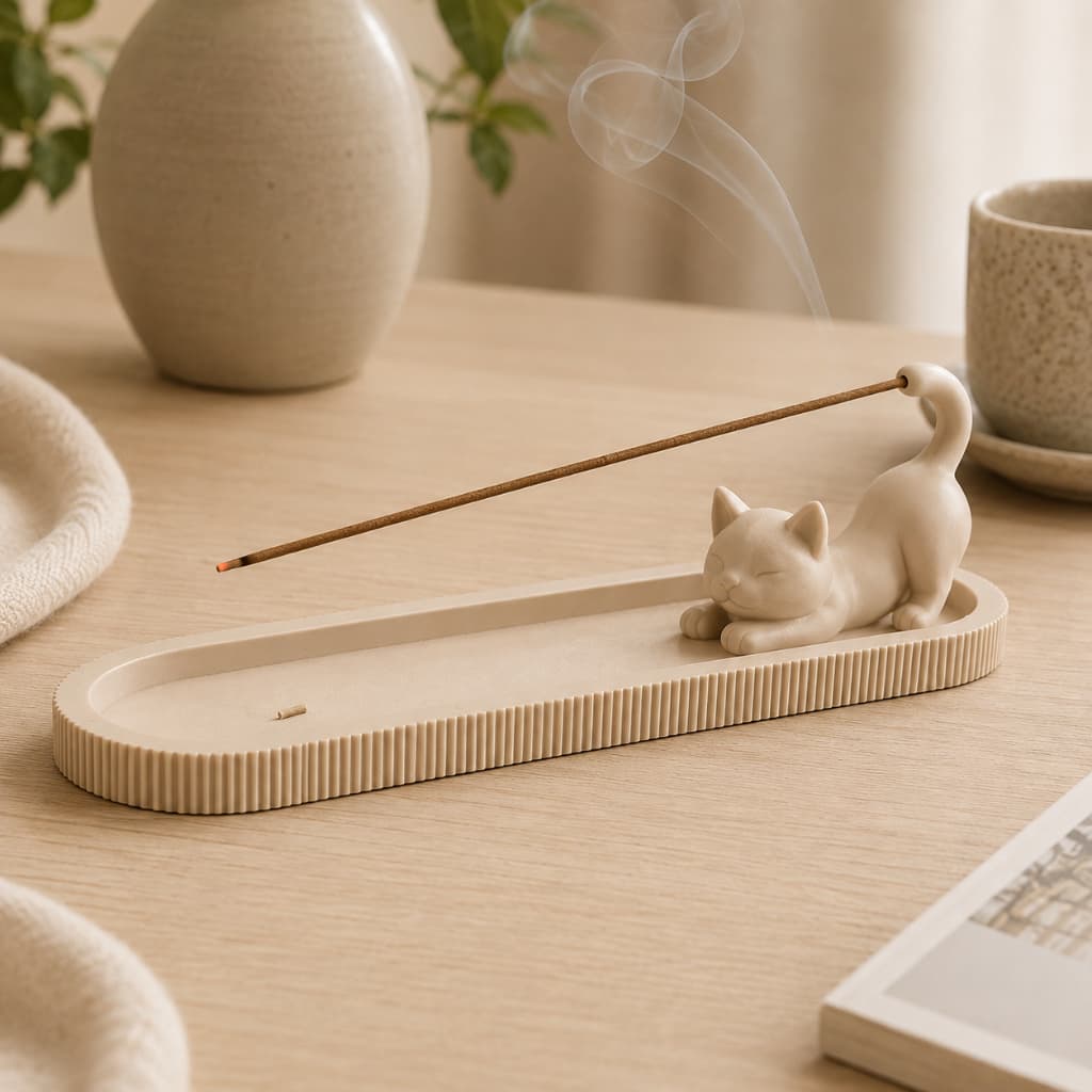 Incensário Gato Decorativo com Bandeja Coletora – Porta Incenso de Vareta para Decoração Zen