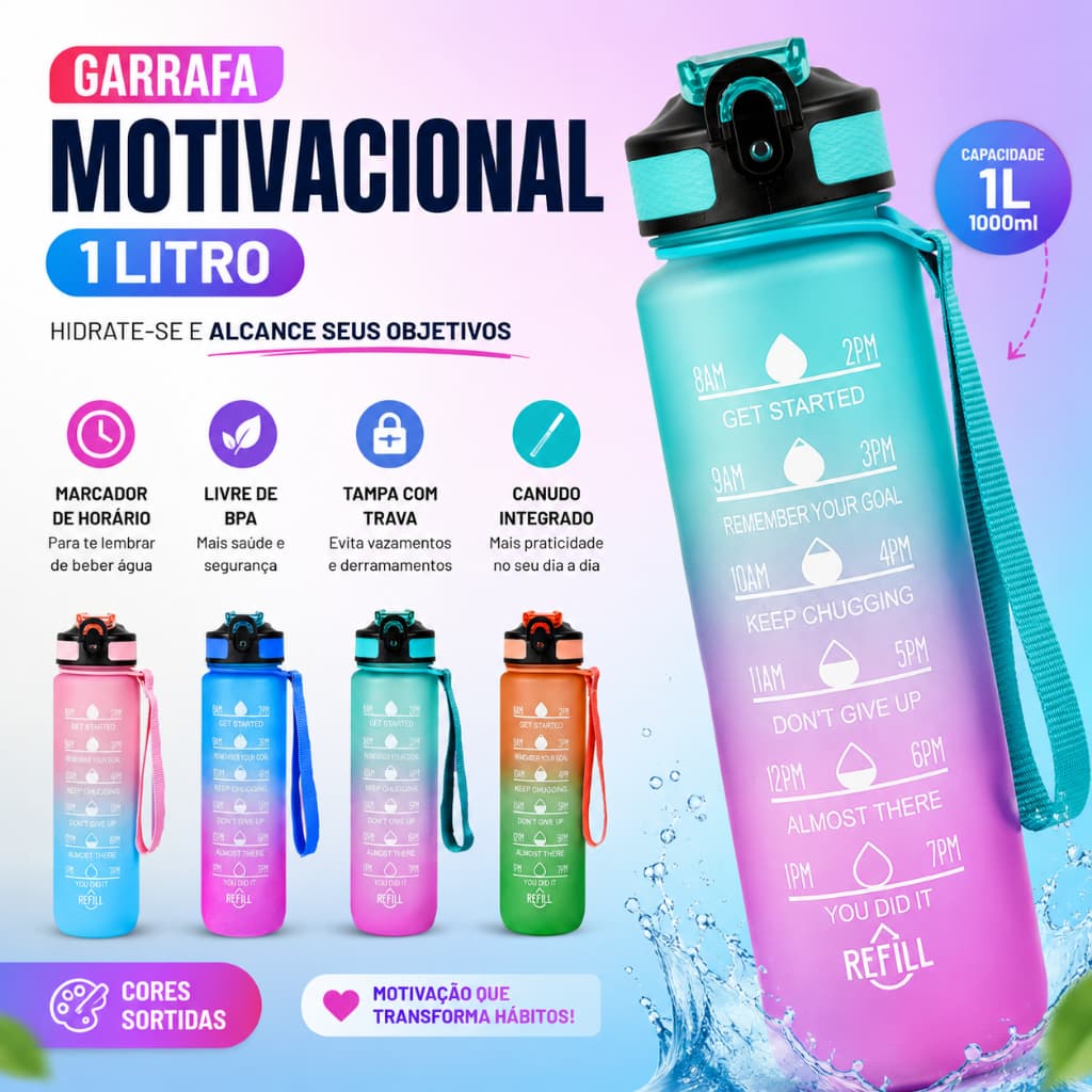 Garrafa Motivacional 1L com Canudo | Squeeze de Água com Marcador de Horário | Academia, Fitness e Escritório