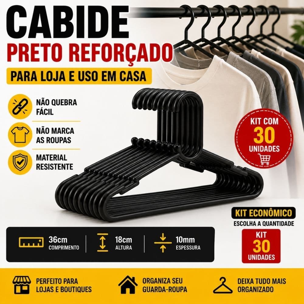 Kit 30 Cabides Pretos Reforçados Adulto Para Loja e Casa Resistente Closet