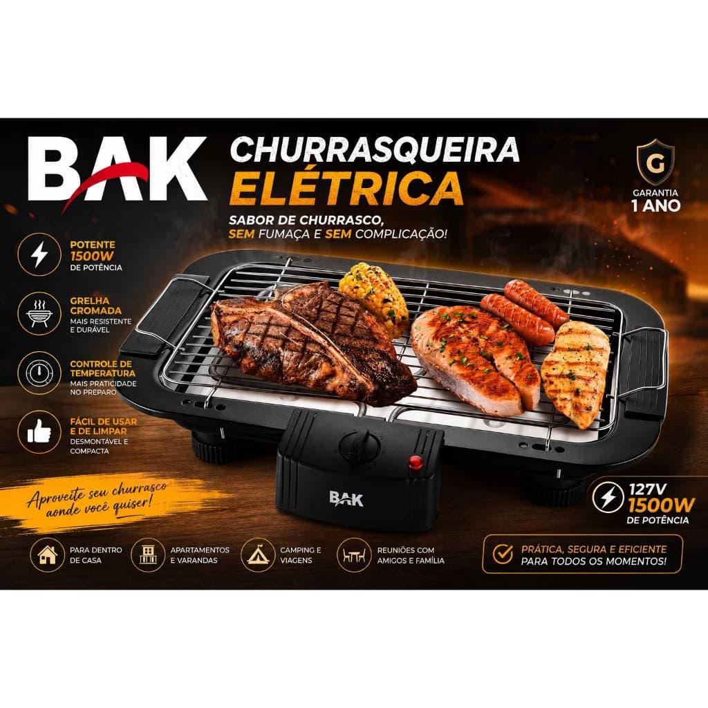 Churrasqueira Elétrica Portátil BAK com Controle de Temperatura 127v