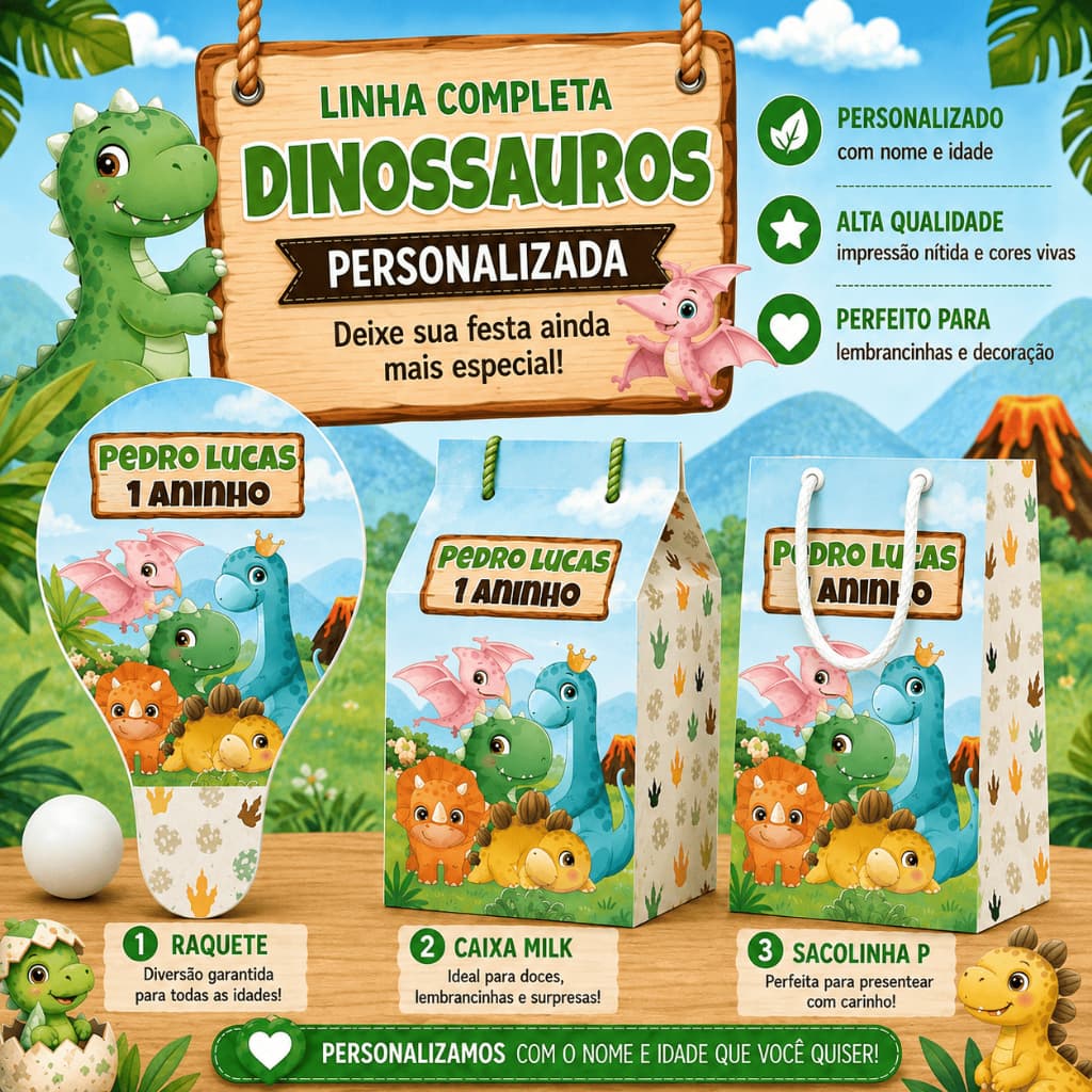 Kit Dinossauro Baby Personalizados | Raquete + Caixa Milk + Sacolinha