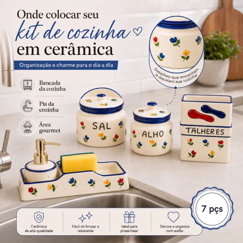 Kit Cozinha Cerâmica Artesanal Completo Pintado À Mão Saleiro Alho Detergente 6 Pçs