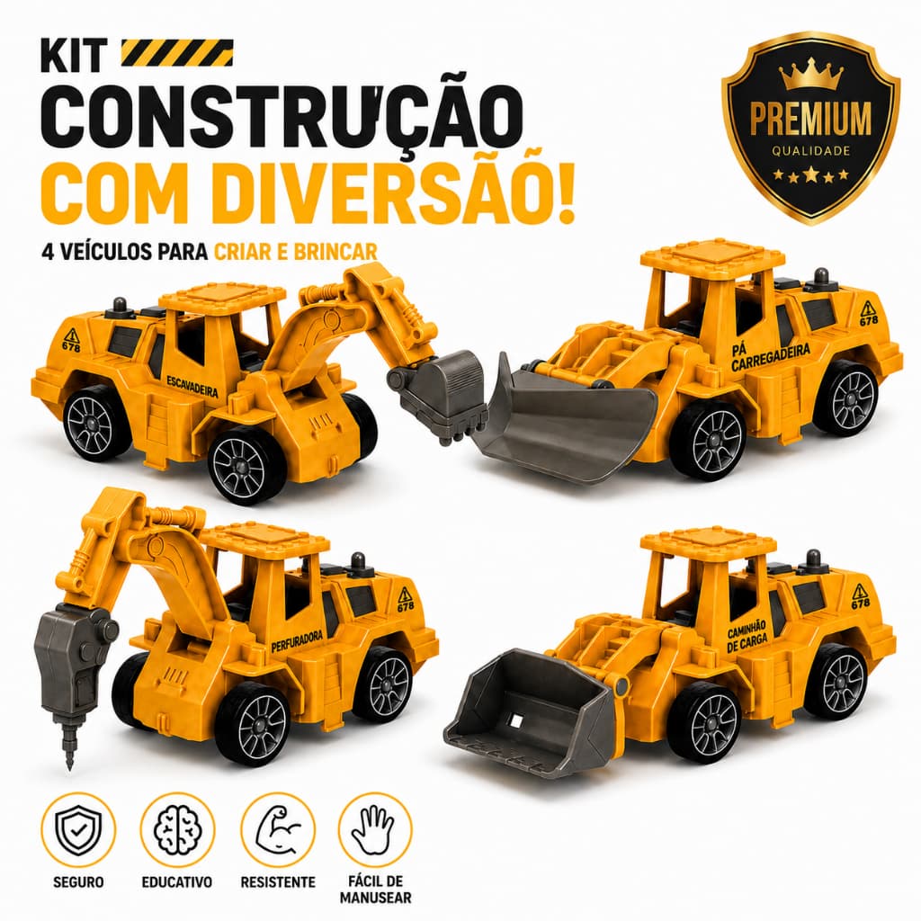 Kit 4 Carrinhos de Construção Infantil Escavadeira e Caminhão Brinquedo Educativo 3+ Anos