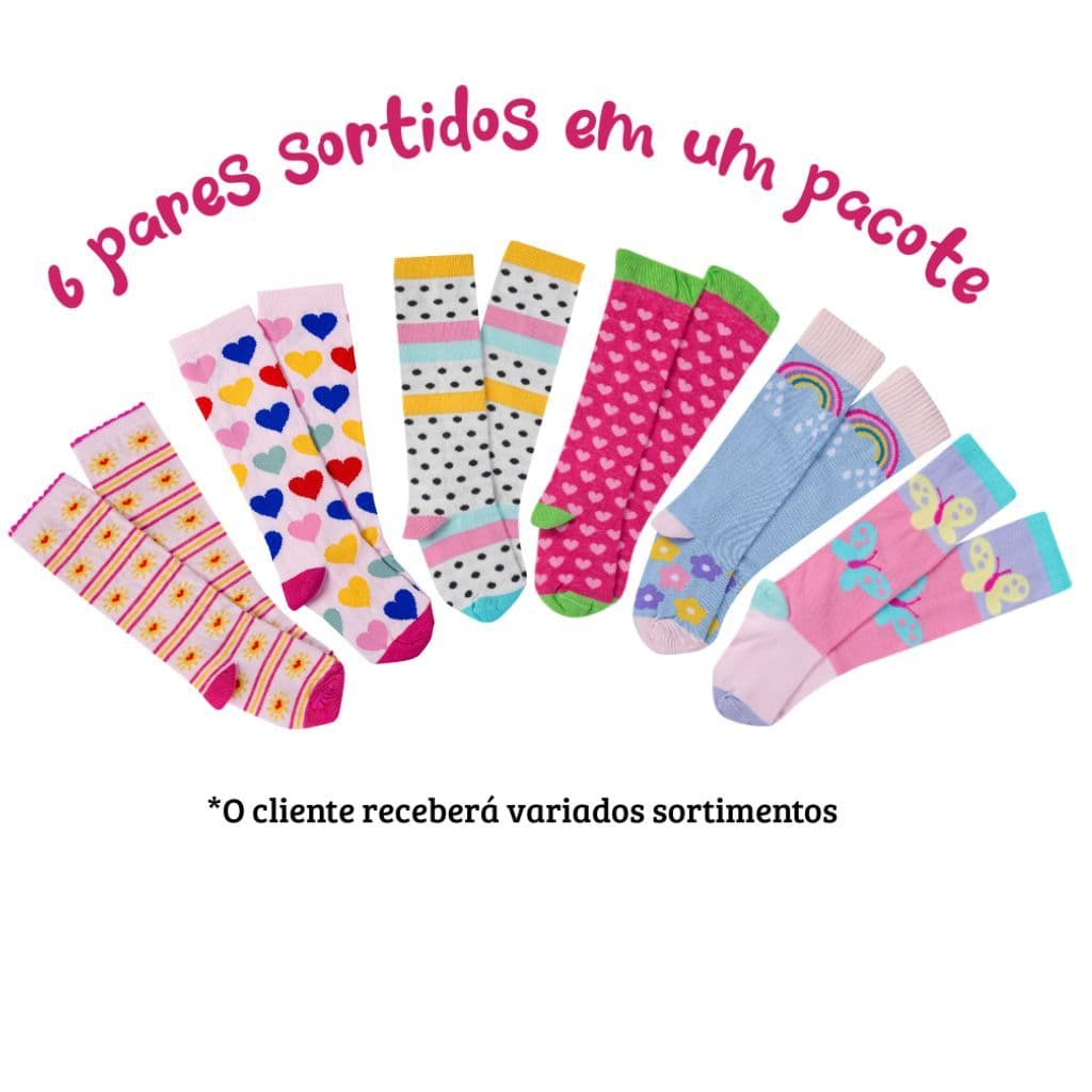 Kit 6 Pares Meia 3/4 Colorida Alto Cano Longo Infantil Divertida até o Joelho Galocha Algodão Galochita Estampada Macia