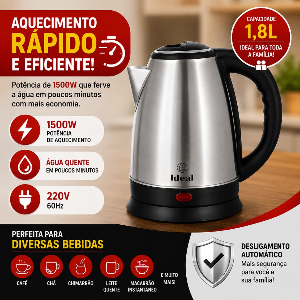 Chaleira Elétrica Inox Ideal 1,8L 1500W Aquecimento Rápido Desligamento Automático 220V