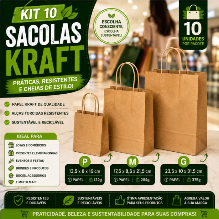Kit 10 Sacolas Kraft de Papel Parda com Alça para Presente Loja Lembrancinha Embalagem P M G