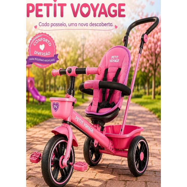 Triciclo Infantil Rosa com Empurrador Ajustável, Assento Acolchoado e Rodas Estáveis – Petit Voyage