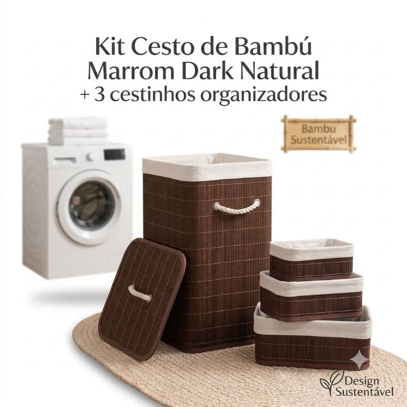 Cestos de Bambu Dobrável Grande 70L/Cestinhos Organizadores Marrom Dark Natural Ambiente Sustentavel