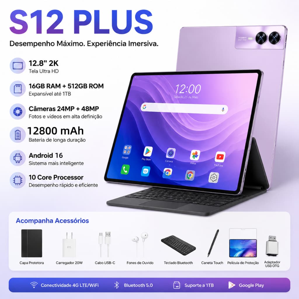 【Teclado e mouse grátis】Tablet PC Galaxy  S12 Plus 12.8" 2K 16GB RAM+ 512GB ROM  12800mAh Android 16  10 Núcleos WIFI+ 6