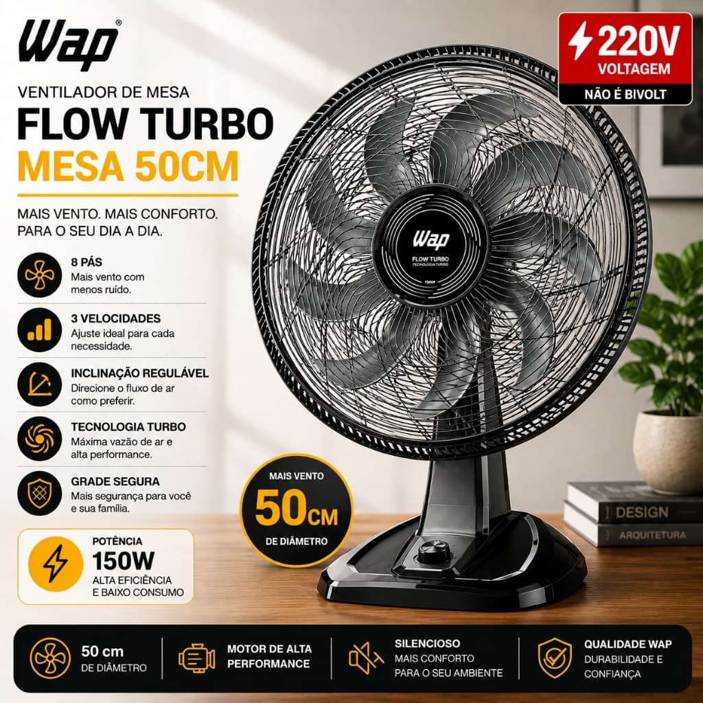 Ventilador WAP Flow Turbo 50cm 2 em 1 Mesa e Parede 220V 150W 8 Pás