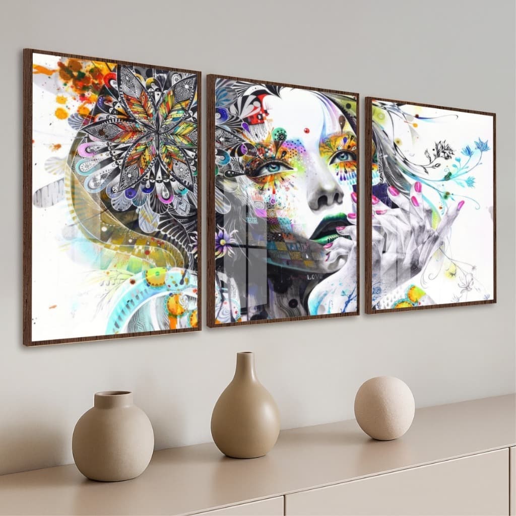 Kit Mulher Abstrata Arte Moderna Quadros Com Três Peças Moldura e Vidro Sala Quarto Escritório