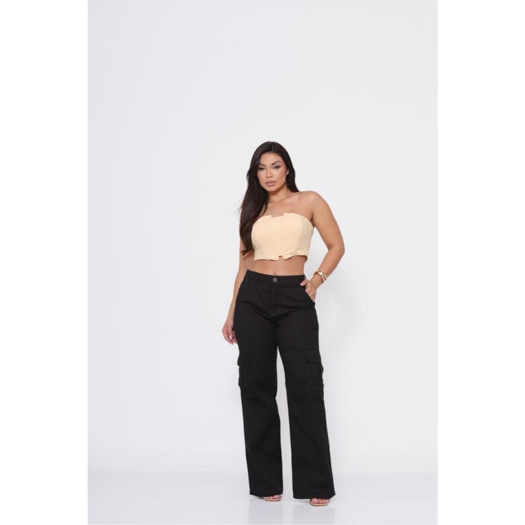 Calça Wide Leg Cargo Preta Modeladora Empina Bumbum