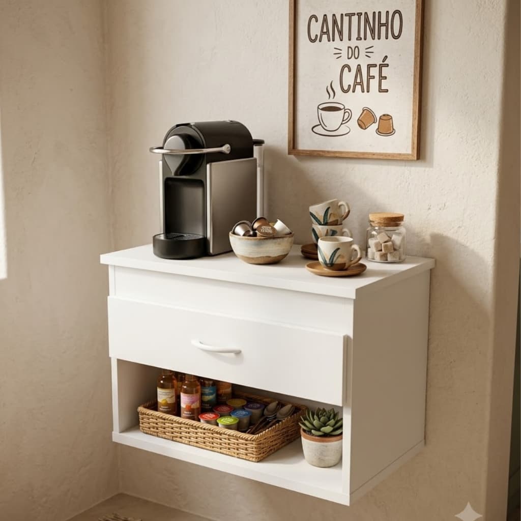 Aparador Cantinho Do Cafe Suspenso De Parede Com Gaveta E Nicho Balcao Organizador Para Cafeteira Cozinha Escritorio Bra