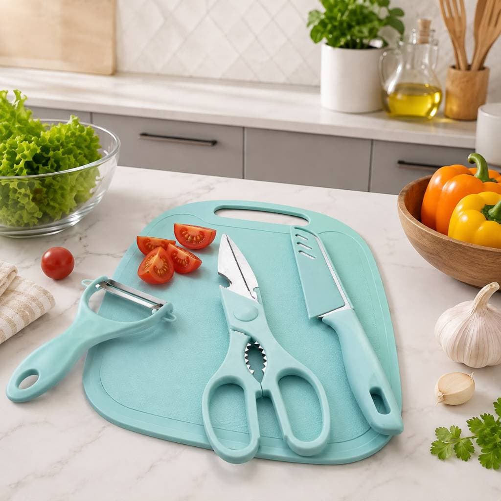 Kit De Utensílios De Cozinha 4 Peças Faca Tesoura Descascador Tábua Cozinha Culinária🥕