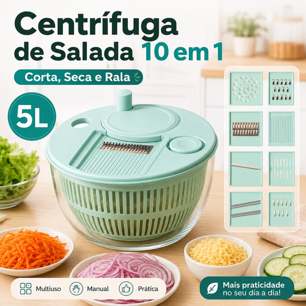 Centrífuga de Salada 10 em 1 5L com Cortador Manual de Legumes Multiuso para Cozinha