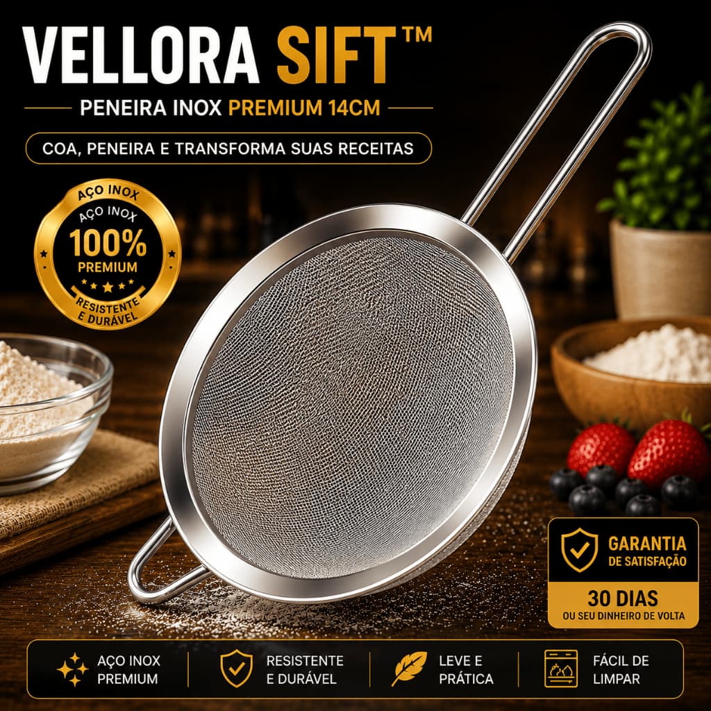 Peneira de Cozinha Vellora Sift 14cm Aço Inox Multiuso Coador para Farinha, Açúcar e Líquidos