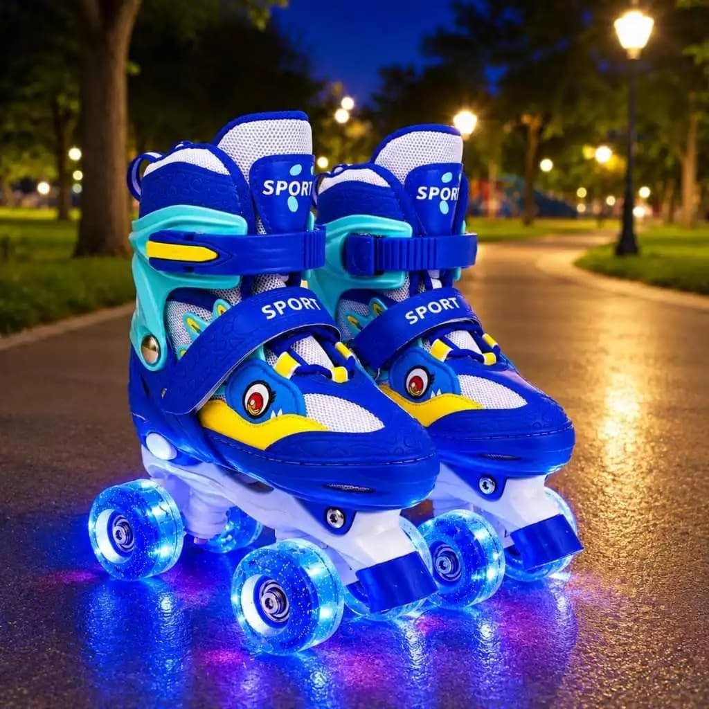 Patins Menino Criança Dinossauro Azul 4 Rodas Led + Kit Proteção Promocao