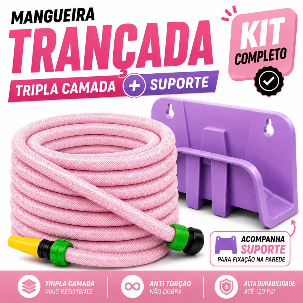 Mangueira Trançada Rosa Tripla Camada Com Suporte - 05 a 40 Metros
