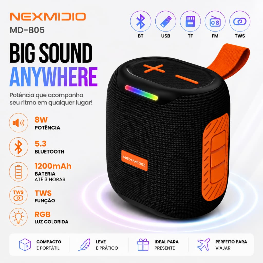 Caixa de Som Bluetooth Portátil Nexmidio MD-B05 8W RGB Som Potente Bateria 1200mAh TWS USB TF FM