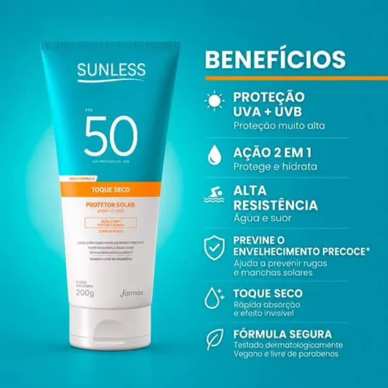 Protetor Solar Sunless FPS 50 Toque Seco 300g | Alta Proteção UVA/UVB | Oil Free | Sol Praia