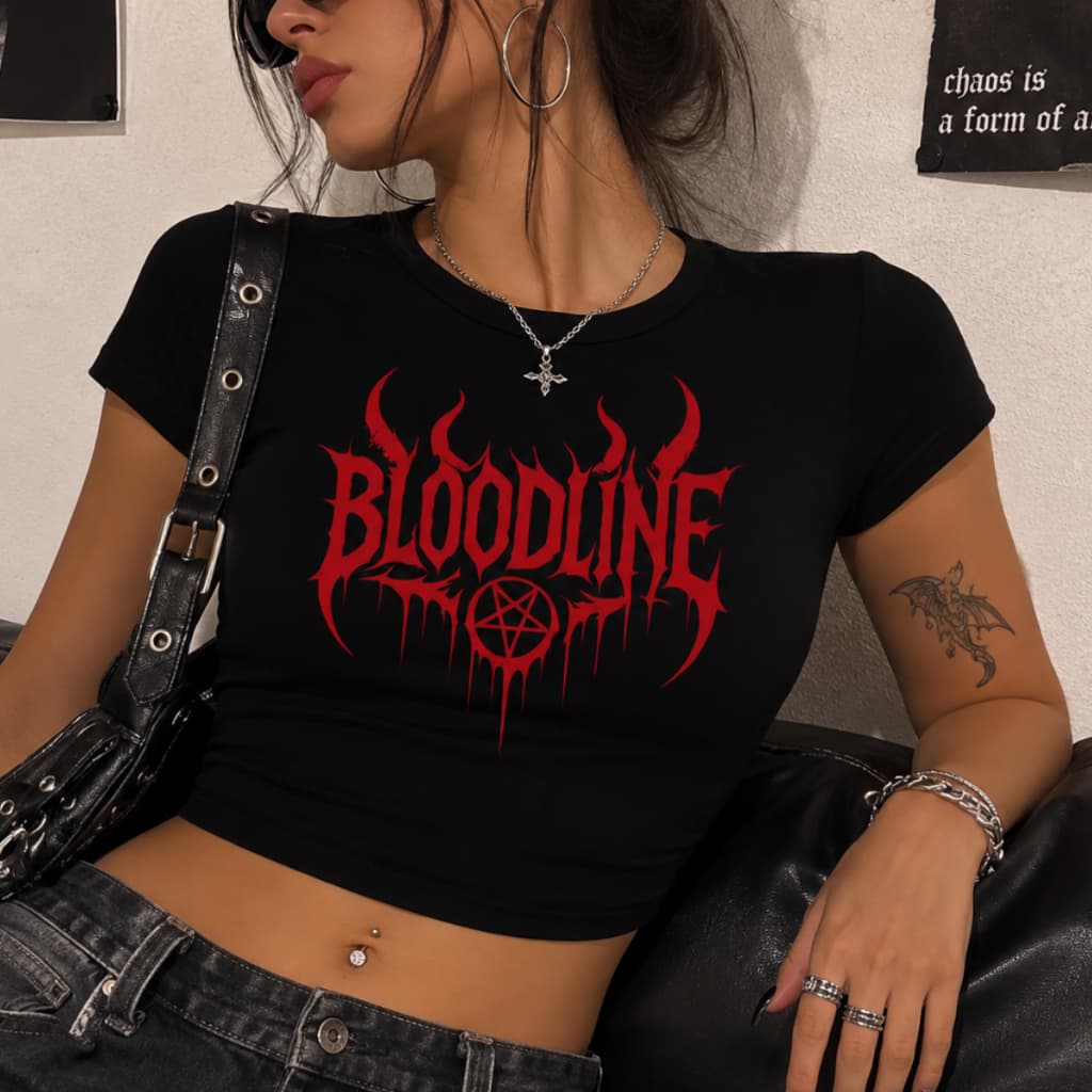 Cropped Feminino   Estampa Gótica Vermelha Dark Streetwear Estilo Alternativo Estilo Rock