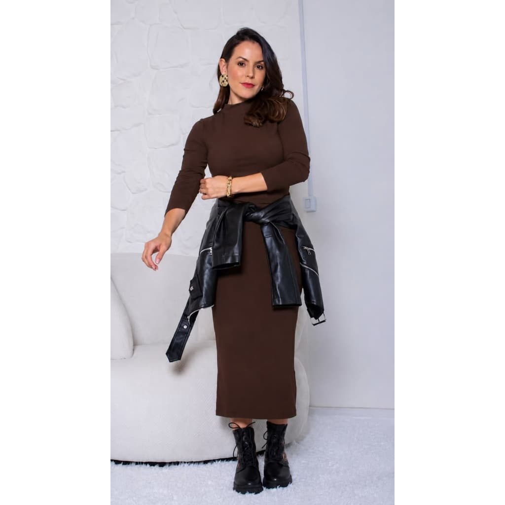 Vestido feminino  longo gola alta com fenda ribana canelado premium casual festa rua basico