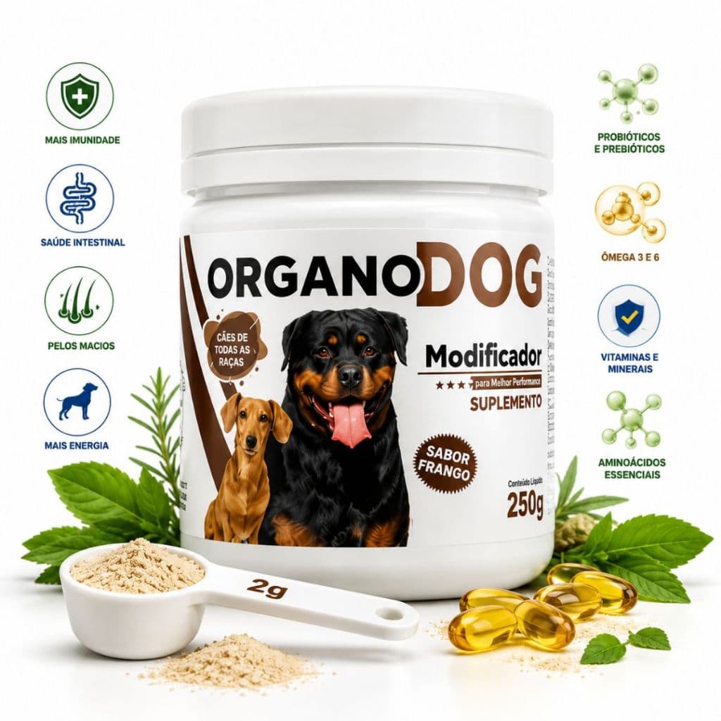 OrganoDog Modificador Suplemento Premium Cães Probióticos Vitaminas Minerais e Aminoácidos Intestino