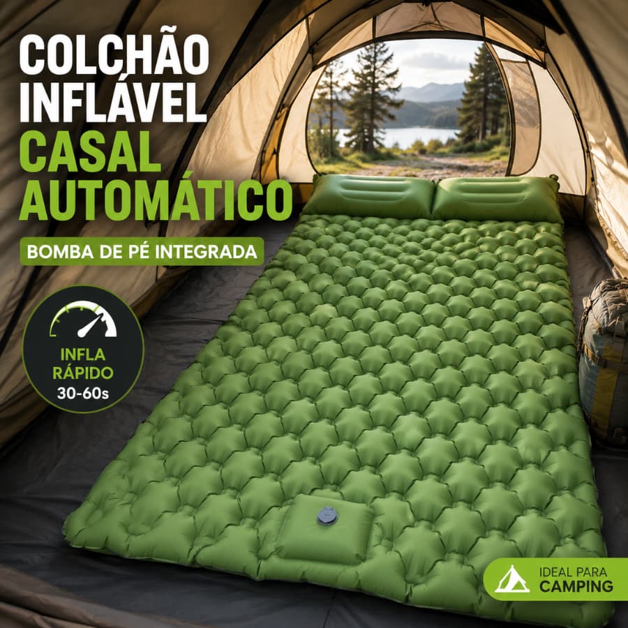 Colchão Inflável com Travesseiro e Bomba Embutida Camping Viagem Casal Solteiro