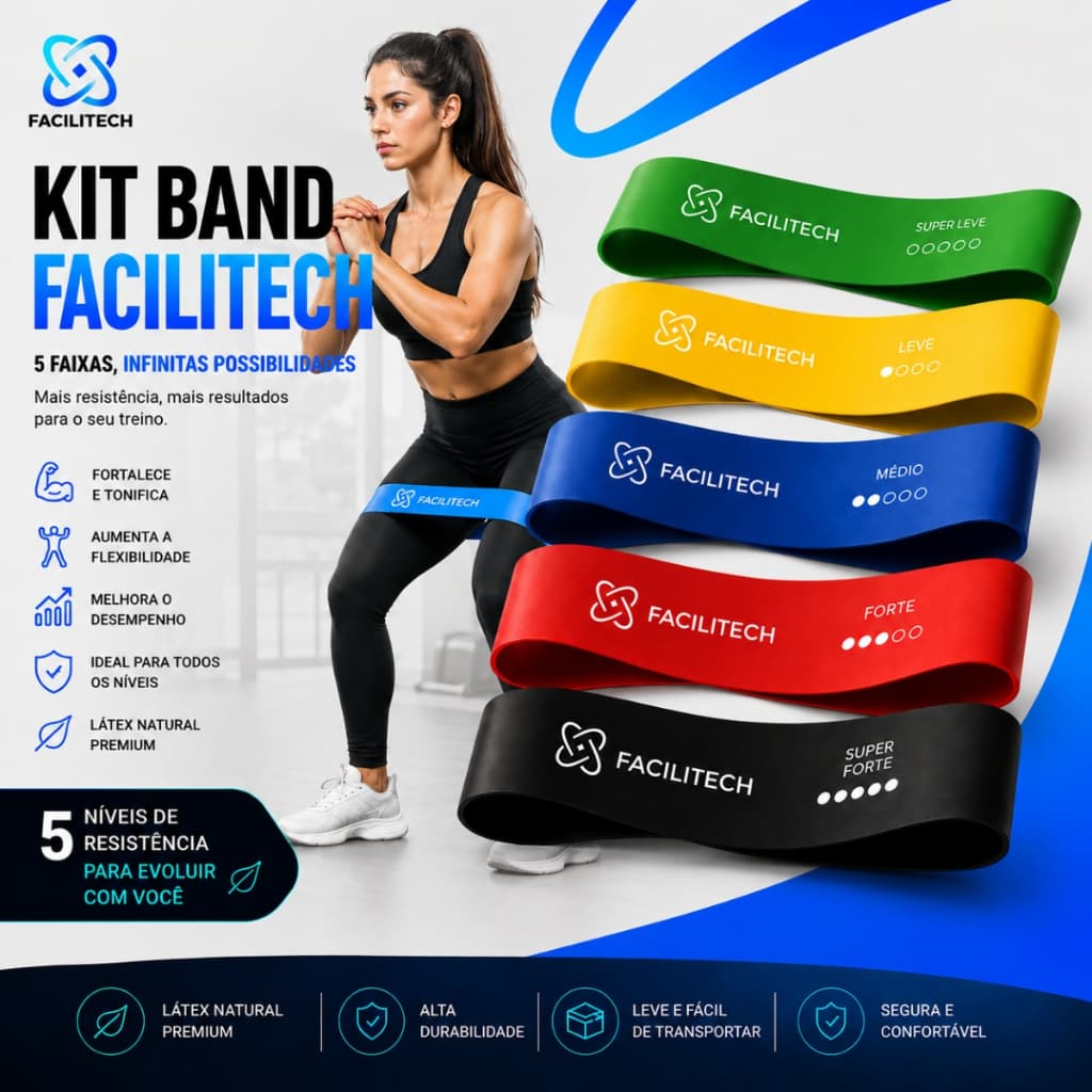 Kit 5 Mini Bands Faixas Elásticas 5 Resistências Treino Funcional Academia Exercícios Facilitech
