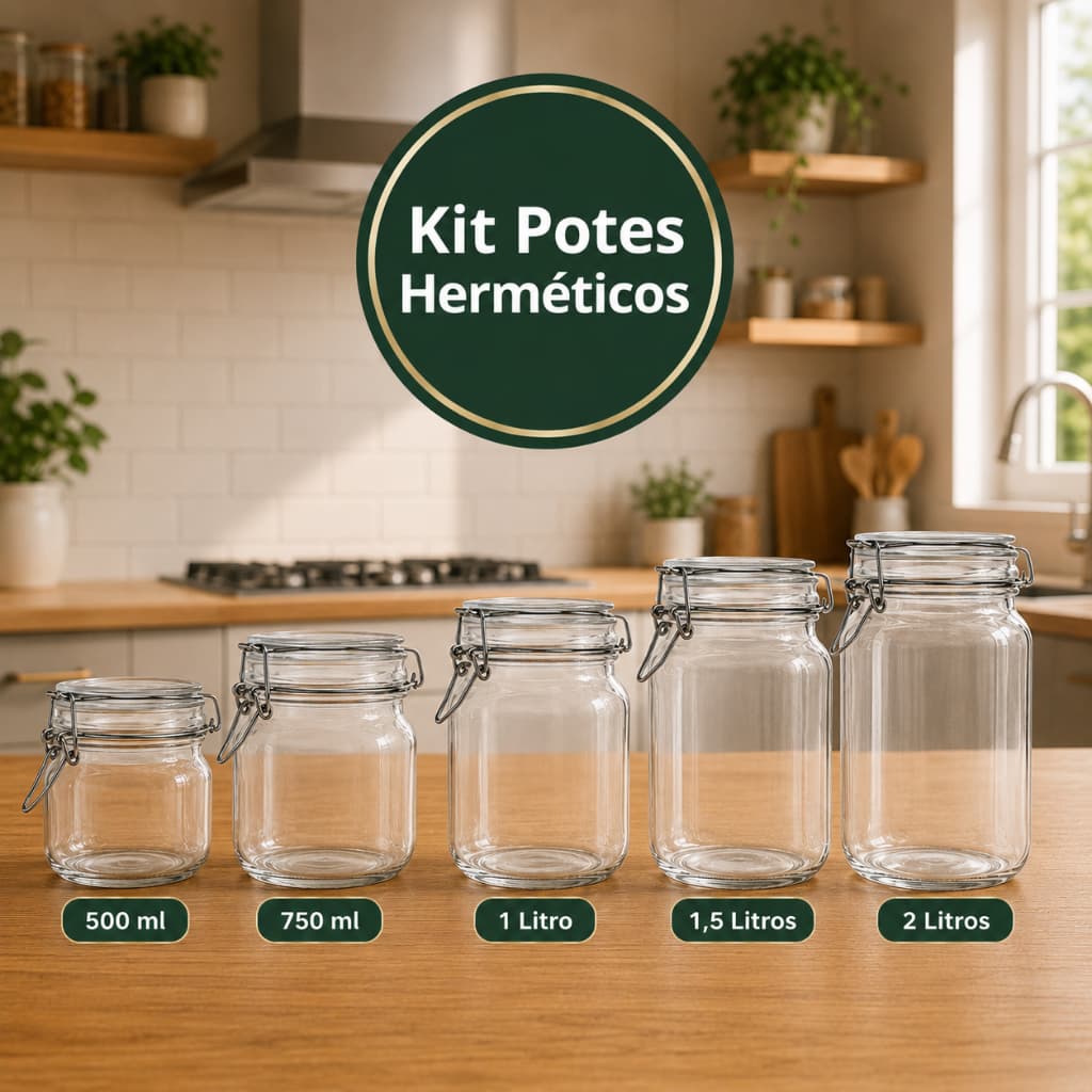 Kit de Pote de Vidro com vedação Hermética e Trava de Inox - Pote de Vidro Ideal para mantimentos