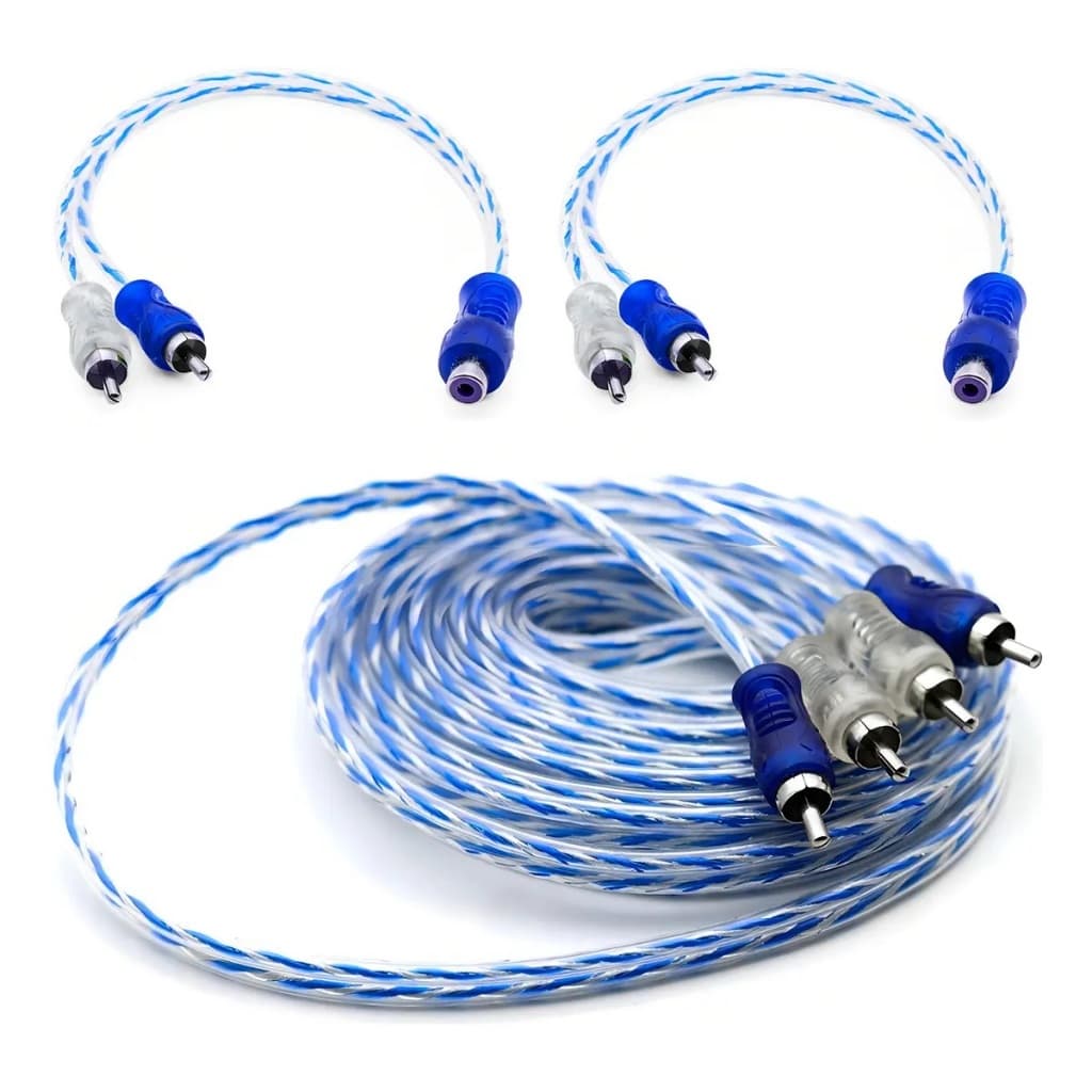 Kit 1 Cabo Rca 5m + 2y Dupla Blindagem Azul Injetado De Som Automotivo Módulo