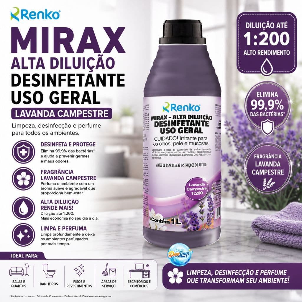 Desinfetante Mirax Lavanda Campestre Renko 1L Concentrado Diluição até 1:200