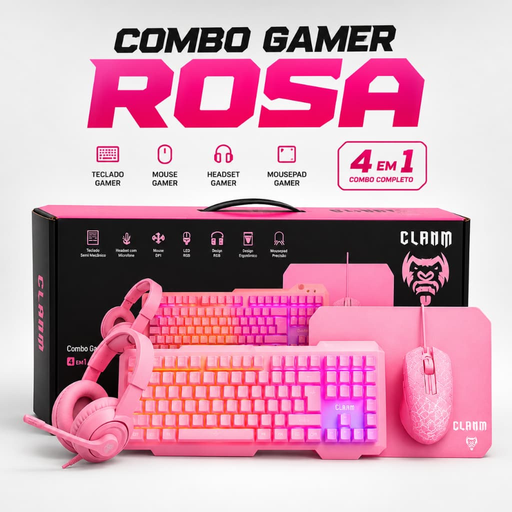 Combo Gamer Clanm Candy 4x1 Kit Gamer Rosa Teclado, Mouse, Fone e Mousepad