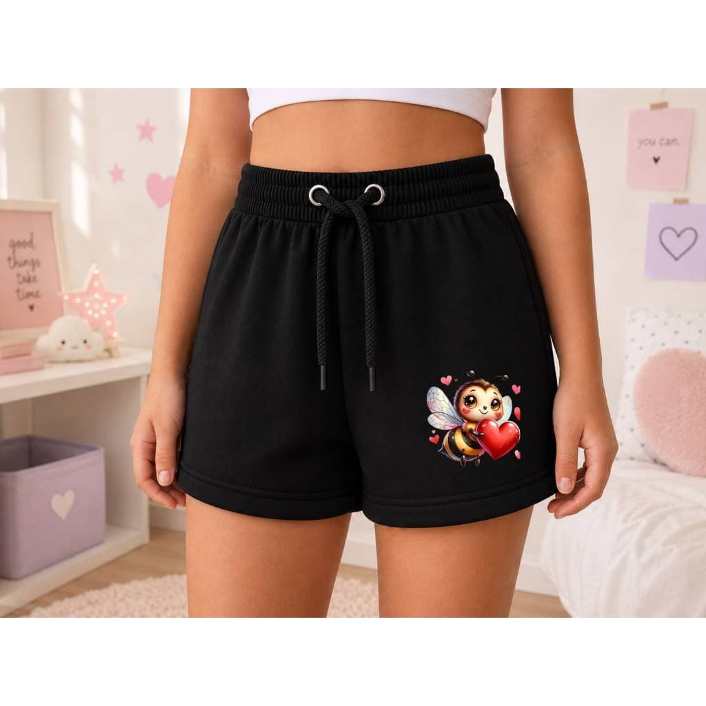 Short Feminino Infantil Estampado de Abelhinha e Corações Casual com Cintura Elástica e Cordão para o Dia a Dia