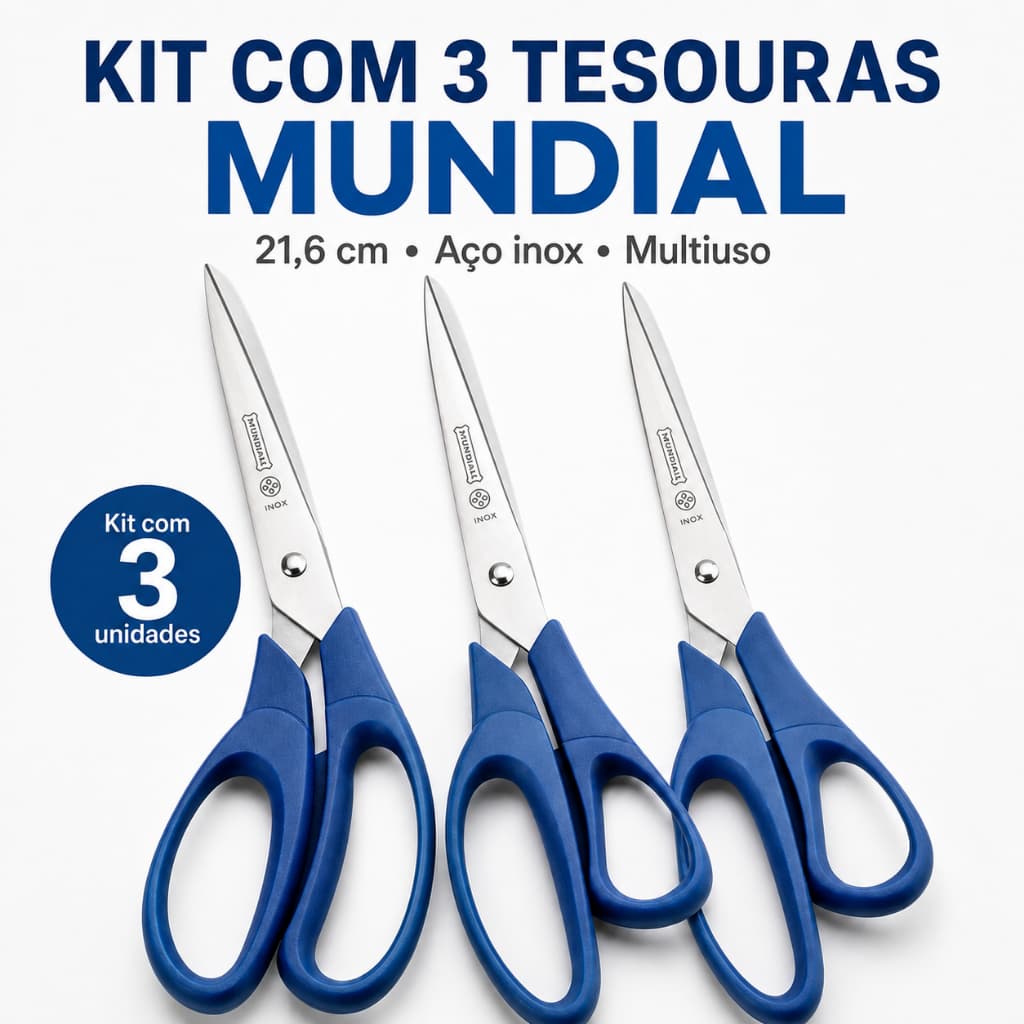 Kit 3 Tesoura Grande Mundial Costura Escritório Artes 21cm
