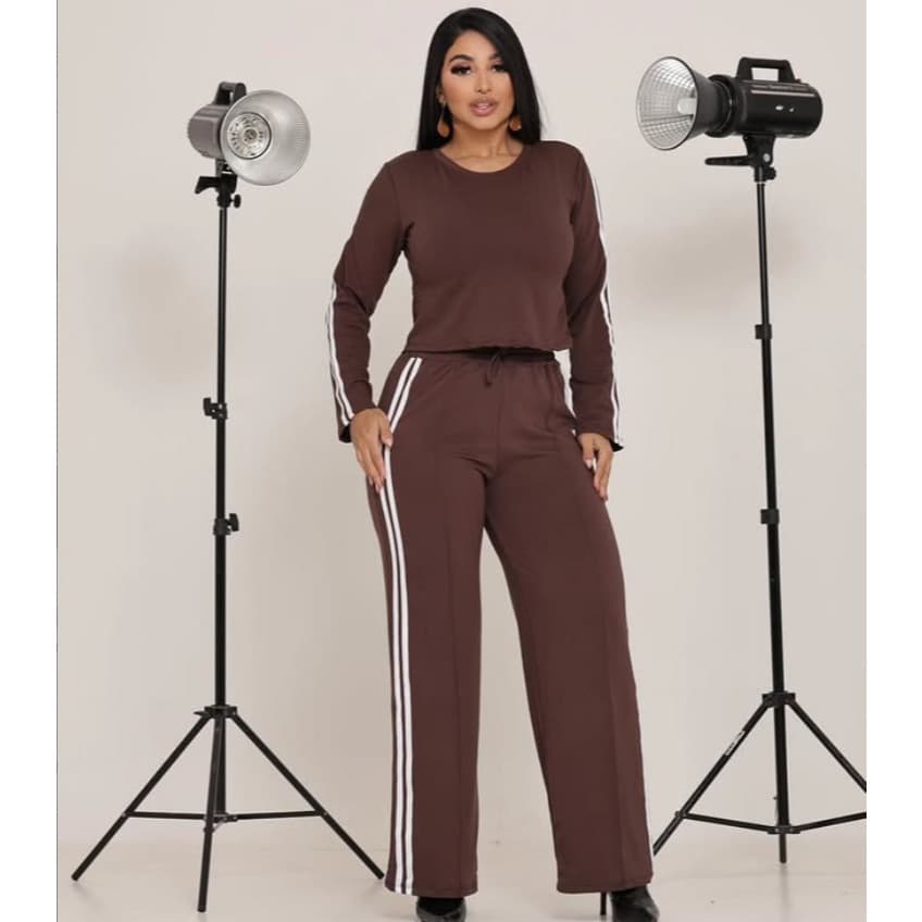Conjunto Feminino Listrado Calça Pantalona Camisa Manga Longa Moda Feminina