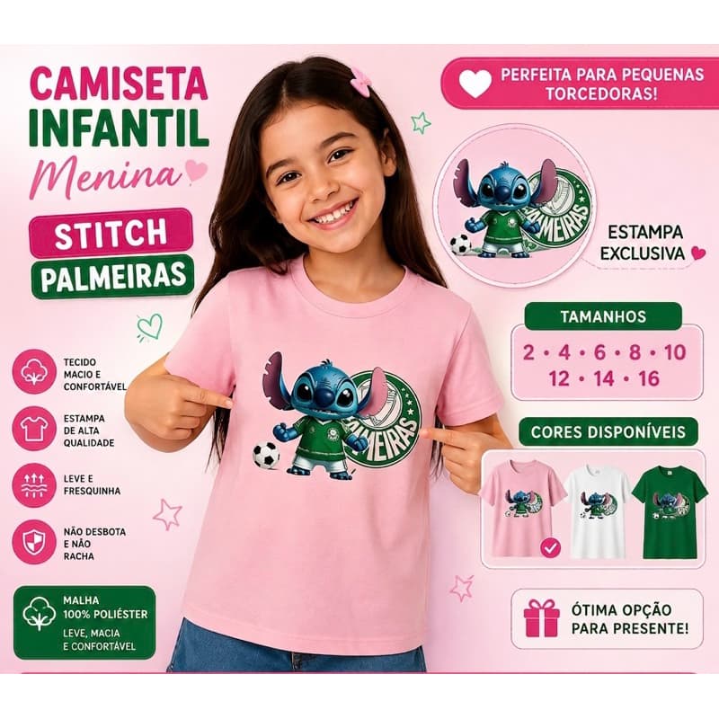 Camiseta Infanto Juvenil Menina Stitch Palmeiras Blusa Torcedor Criança Envio Imediato