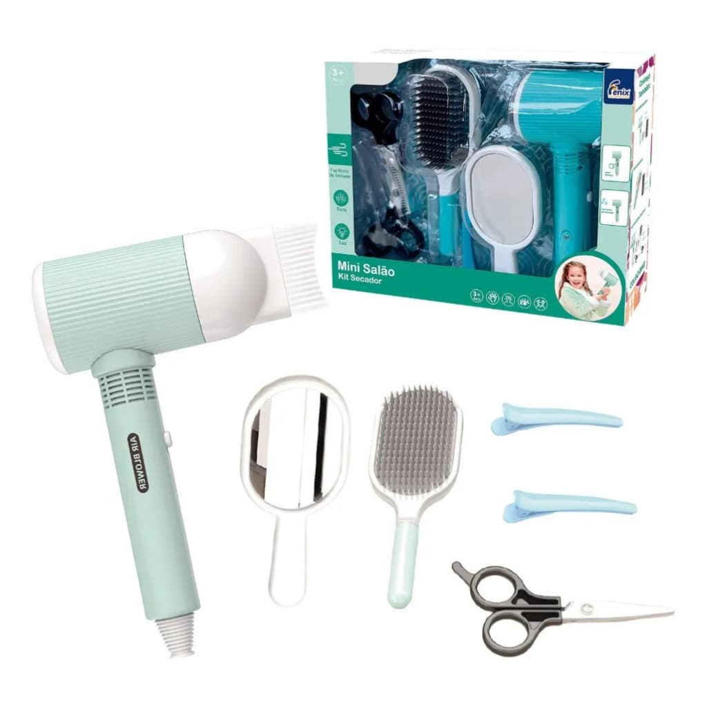 Kit Mini Salão de Cabeleireiro Infantil Chapinha e Secador Interativos Fênix com Acessórios