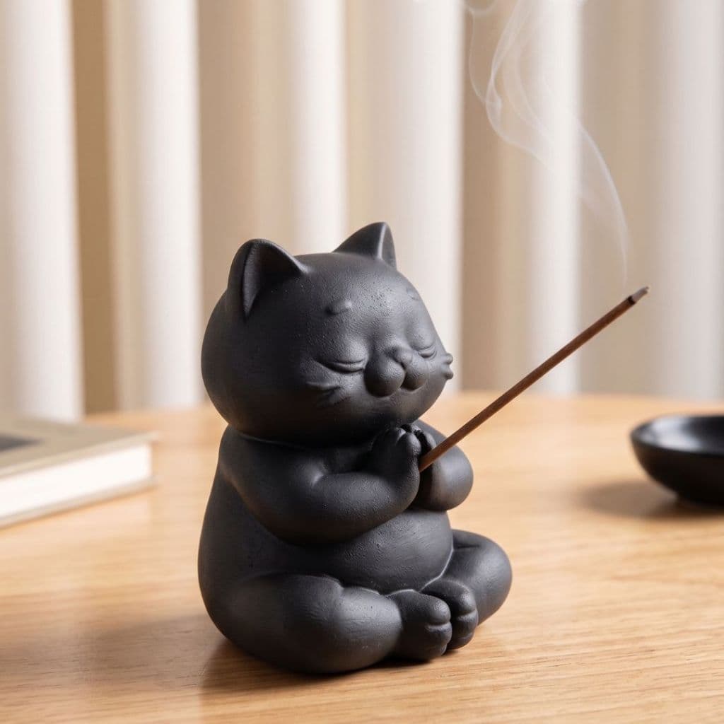 Incensário Gato Meditando Decorativo Porta Incenso - Toque Zen e Fofura para seu Lar