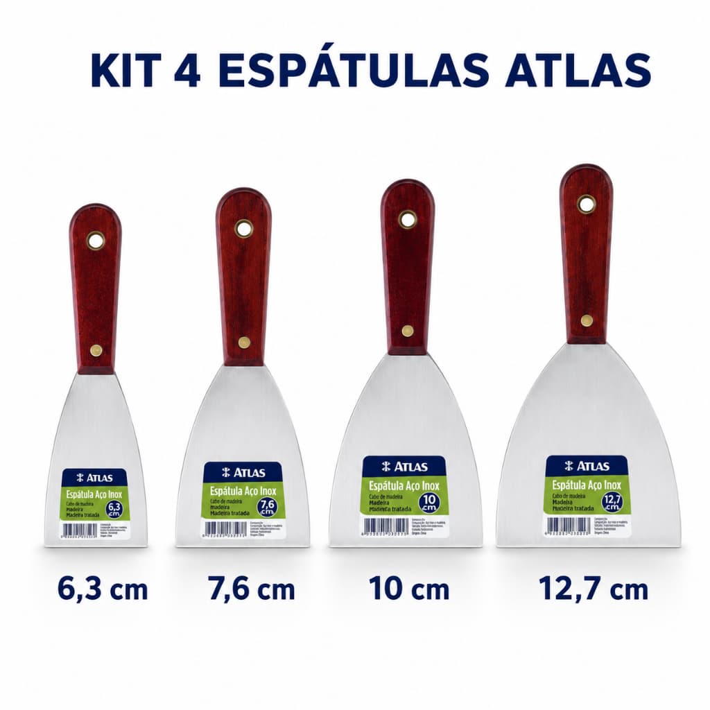 Kit 4 Espátulas Atlas Inox 6,3cm+7,6cm+10cm +12,7cm com Cabo de Madeira