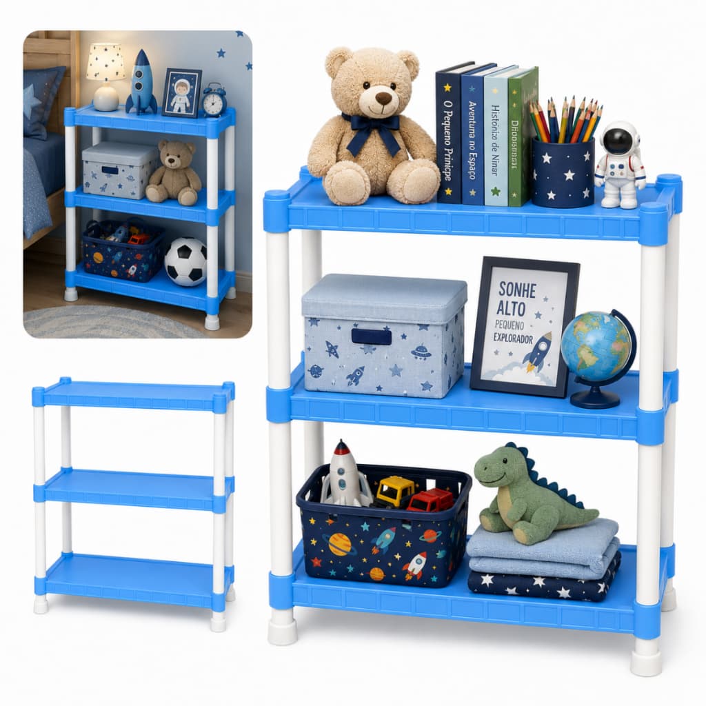 Estante Prateleira Azul 3 Andares Decoração Organizadora Infantil Colorida Multiuso Quarto
