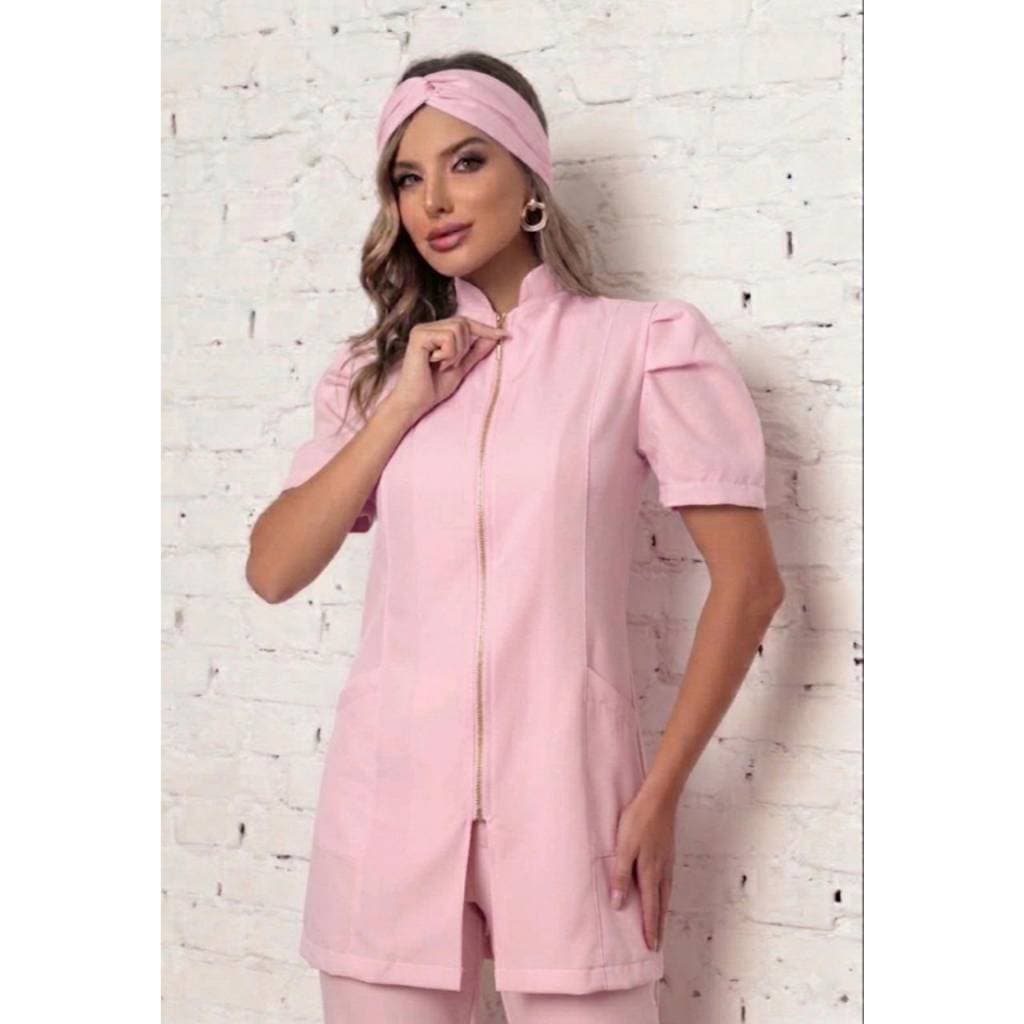 Jaleco Feminino Manga Curta Bufante  Zíper Mara Rosa + Turbante Gardenia Jalecos