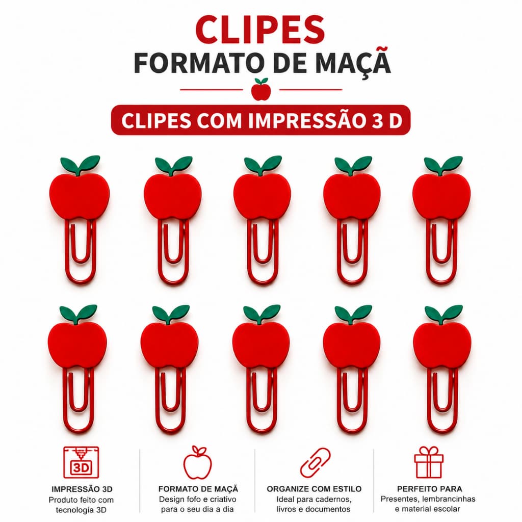 Clipes Marca Página Formato Maçã – 10, 20 ou 50 Unidades – Impressão 3D