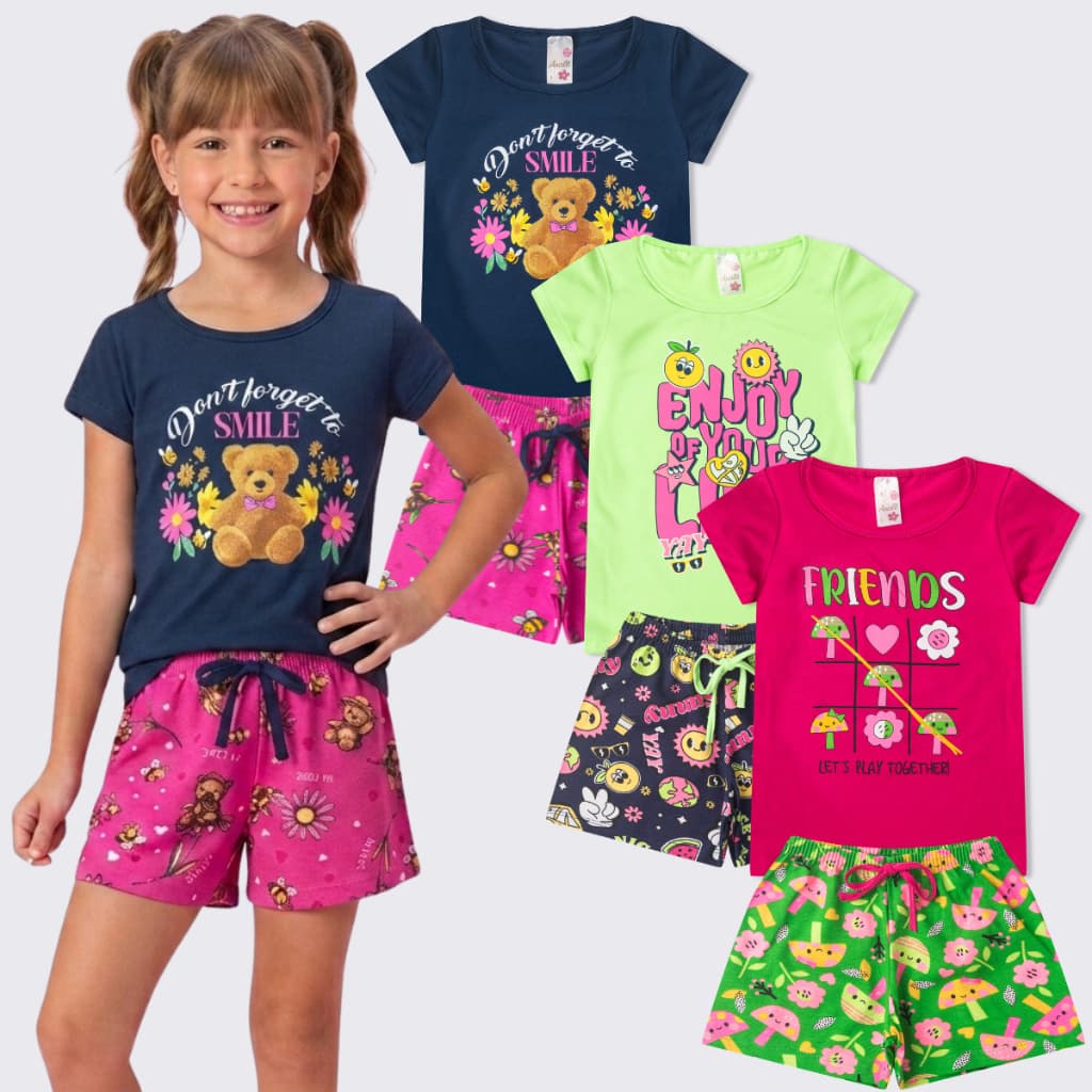 Kit 3 Conjuntos Infantil Menina Camiseta Shorts Algodão
