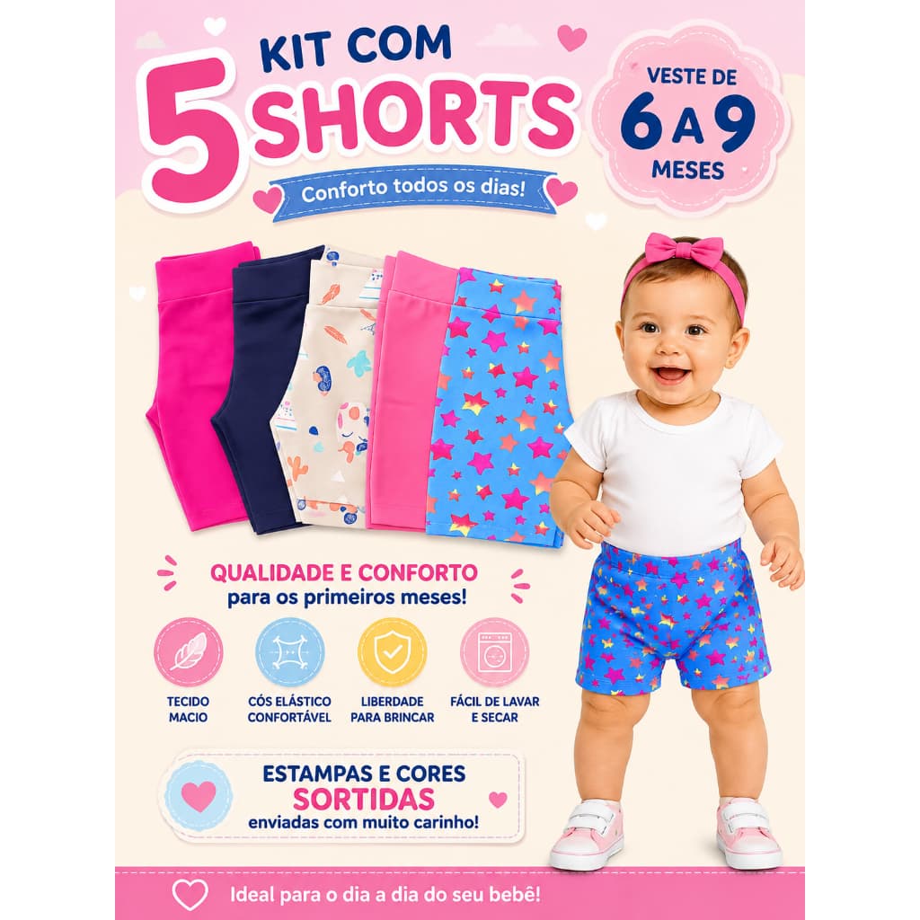 Kit com 5 Peças de Shorts Feminino com Estampas Sortidas