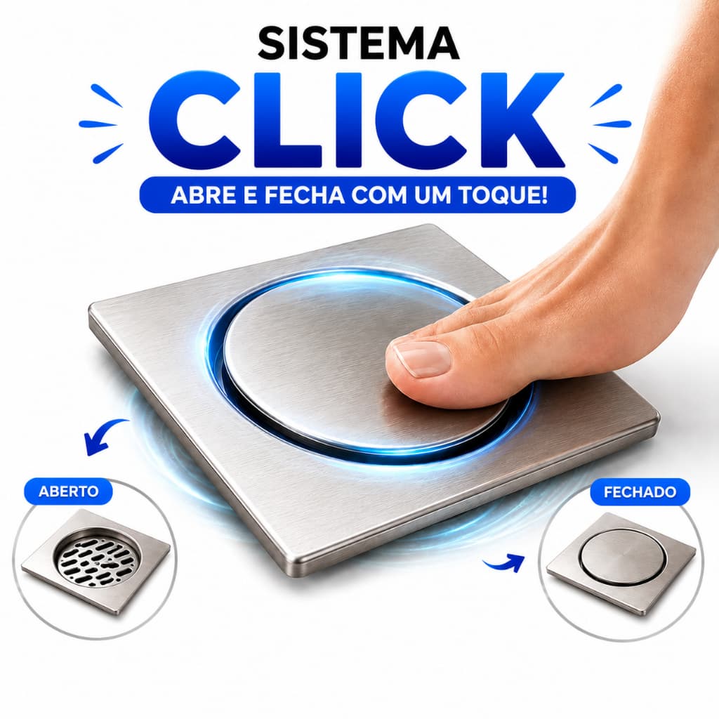 Kit 2 Ralos Click 10x10 15x15 Inox Abre e Fecha ao Pisar Anti-Odor para Banheiro e Box Moderno Pop Up
