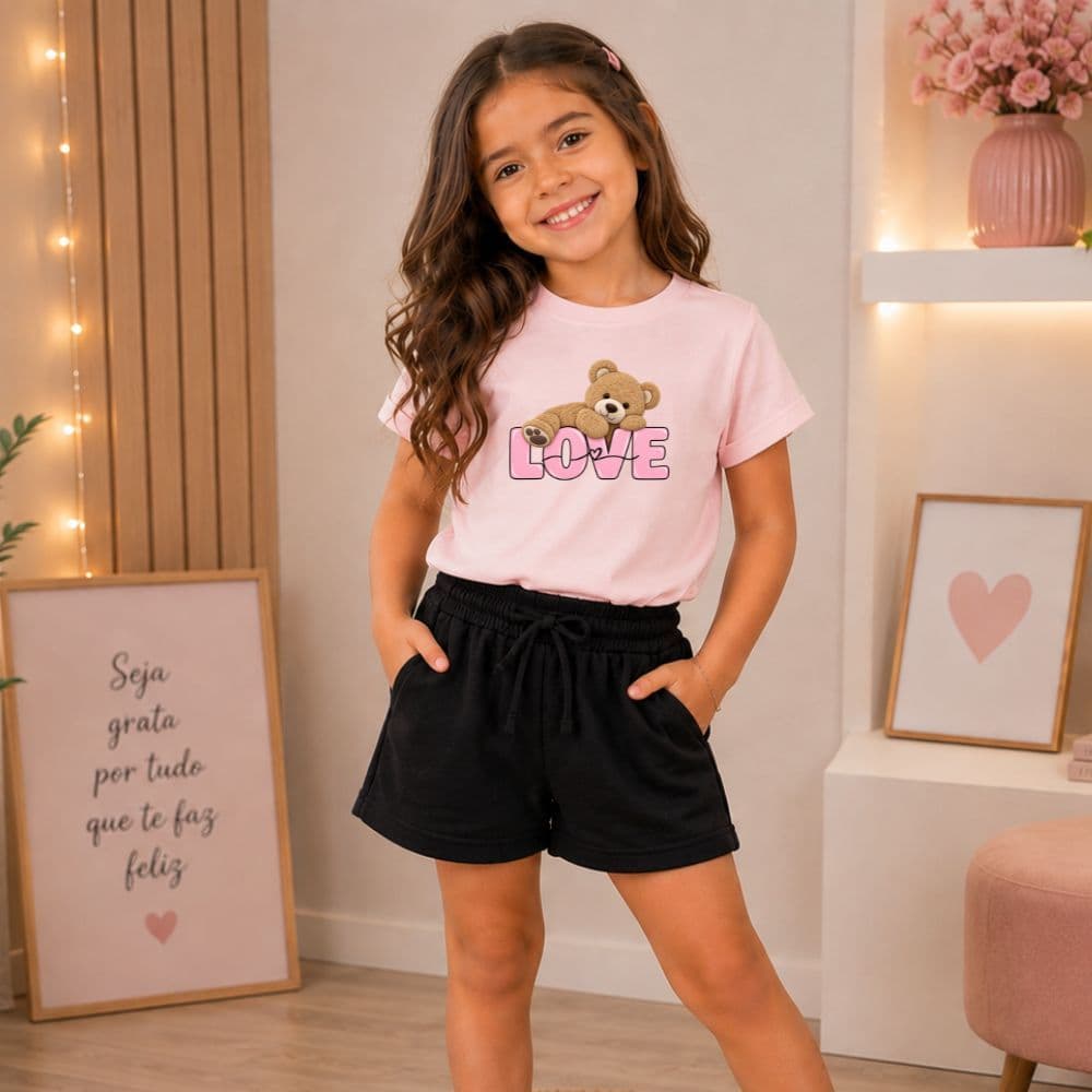 Conjunto infantil e juvenil meninas ursinho love short e camiseta premium
