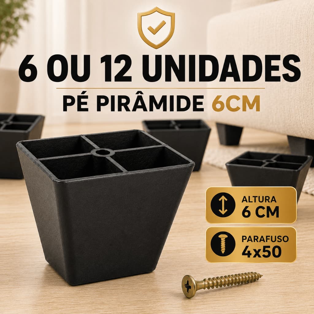 Kit Pé Pirâmide 6cm Preto Sofá Cama Box Rack Puff Poltrona Aparador Reforçado PU 6 ou 12 Un